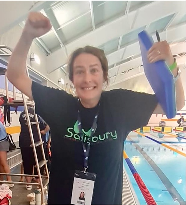 Polly, Salisbury Stingrays Volunteers Manager, helping poolside at a swimming event